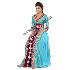 Marvelous Cyan Blue Embroidered Moroccan Wedding Kaftan